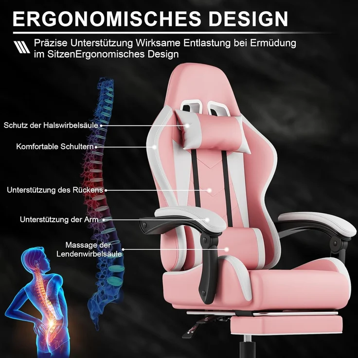 Devoko Massage Gaming Stuhl, Computer Bürostuhl mit Fußstütze, Racing Gamer Stuhl 150kg Belastbarkeit, 90-135° Rückenlehne einstellbar Ergonomischer PC Stuhl, 360° drehbar, Rosa – Bild 6