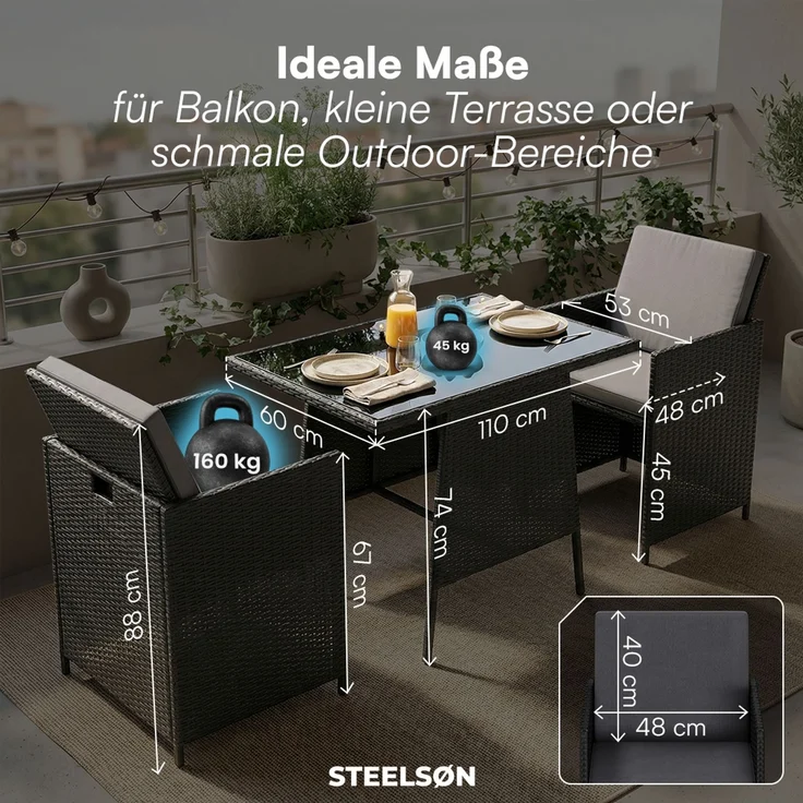STEELSØN 'Xenara' Polyrattan 3-tlg. Gartenmöbel Set, Sitzgruppe aus 2 Stühlen und Tisch mit Glasplatte, zusammenklappbar, schwarz/anthrazit, wetterfest – Bild 9