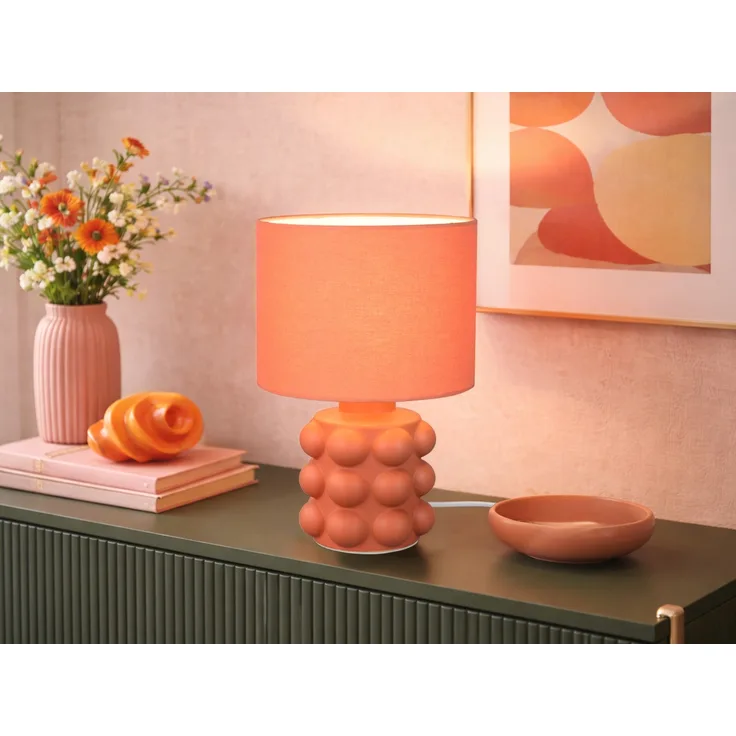 Retro LED Tischlampe mit Keramikfuß & Stoffschirm Orange, Höhe 30cm