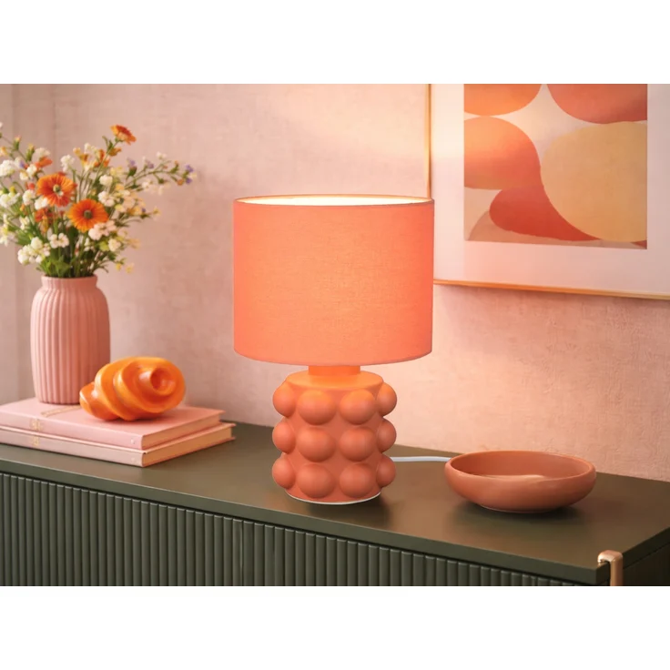 Retro LED Tischlampe mit Keramikfuß & Stoffschirm Orange, Höhe 30cm – Bild 1