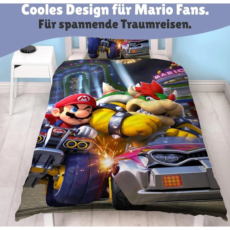 Nintendo Super Mario Kart Bettwäsche für Jungen Kinderbettwäsche 135x200 80x80 cm aus 100% Baumwolle Motiv Bump mit Bowser – Bild 3