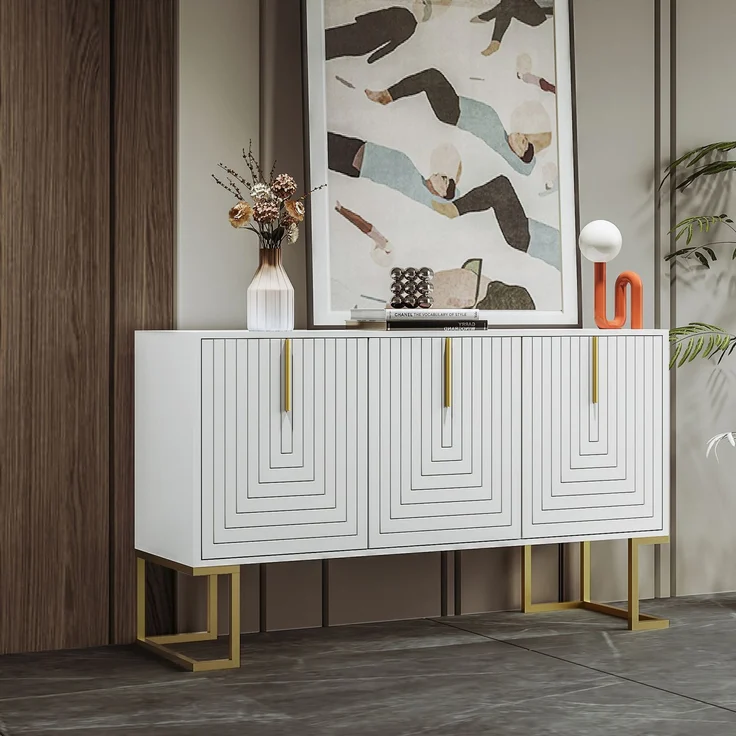 Merax Modernes 3-türiges Sideboard mit verstellbaren Regalen, U-förmigen Schranktüren und Metallgriffen und Sockel für Esszimmer und Küche (Weiß) – Bild 2