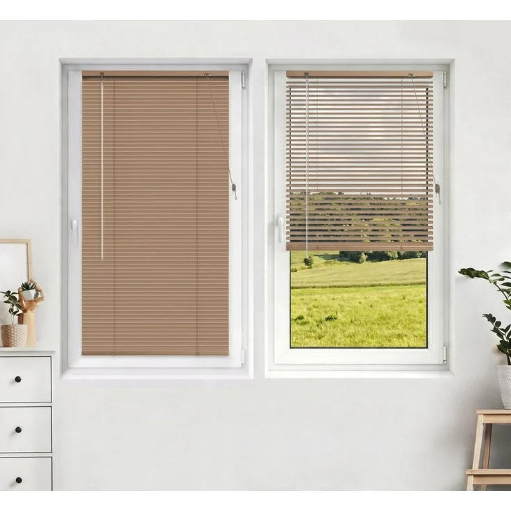 Victoria M. Jalousie LightLess Prime Aluminium-Jalousie 50x130 cm Peanutbutter-Braun matt, mit Bohren, ohne Bohren, geklemmt oder verschaubt, L Profil 25 mm Lamellen, feuchtigkeitsbeständig, verdunkelnd – Bild 1