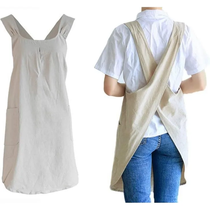 1er-Pack – Weiche Schürze aus Baumwolle und Leinen – Gekreuzte Rückseite – Japanischer Stil – Perfekt zum Kochen, für Einweihungspartys, tägliche Hausarbeiten (Khaki, 28,3 x 35,4 Zoll)