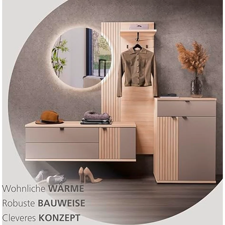 PISA Schuhschrank mit 1 Schubkasten, 2 Holztüren in Basalt matt mit Leistenoptik Riva Eiche – FSC-Zertifiziert – Modernes Schuhregal mit 3 Fachböden – 70 x 103 x 38 cm (B/H/T) – Bild 8