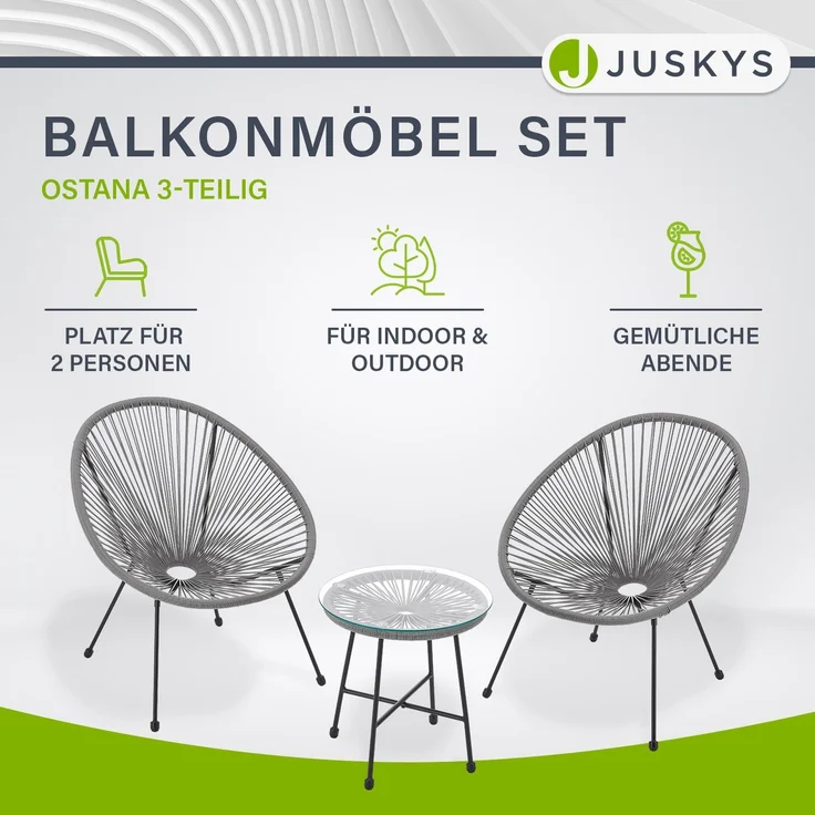 Juskys 'Ostana' Balkonmöbel Set, 3-teilig, Tisch + 2x Sessel, Polyrattan, Hellgrau – Bild 2