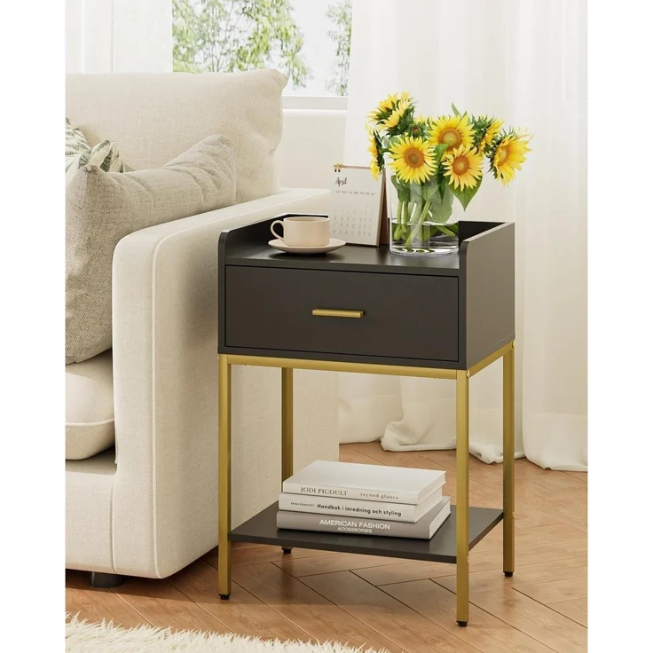 Schwarzer 3-Tier Nachttisch mit Schublade und Regal, Moderner – Bild 3