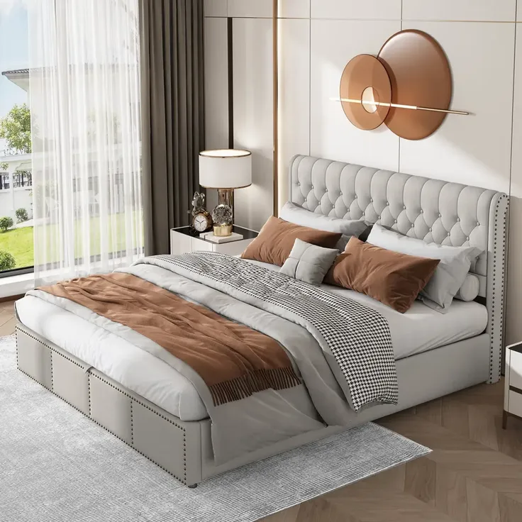 Stauraumbett Doppelbett mit Lattenrost und Bettkasten, 180x200 cm, gepolsterter Kopfteil, Leinen – Bild 2
