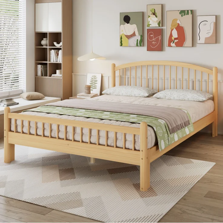 CHICFURN Bett aus Kiefernholz Beige/Natur 140x200 cm mit Lattenrost und Gitterkopfteil – Bild 3