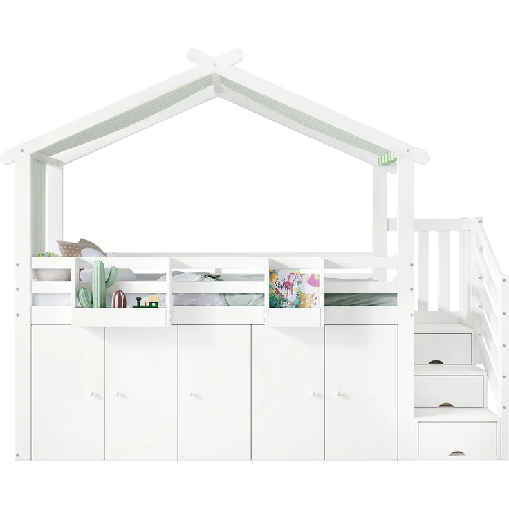 Merax Etagenbett, Kinderbett 90x200cm, mit Fallschutzgitter, 1 Kleiderschrank und 2 Schließfächer, mit 3 Schließfächer in der Treppe, gestreifter Stoff, Kiefer+MDF+Sperrholz, Weiß+Grün – Bild 10