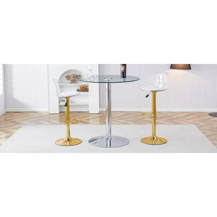 Flexibles Bar-Set: 89 cm Glastisch + 2 Hocker mit goldfarbenen Beinen, höhenverstellbar & drehbar. • Transparente Optik • 360°-Drehung • Vielseitig nutzbar. Schafft visuelle Weite und spart Platz, Flexibles Bar-Set: 89 cm Glastisch + 2 Hocker mit goldf... – Bild 6