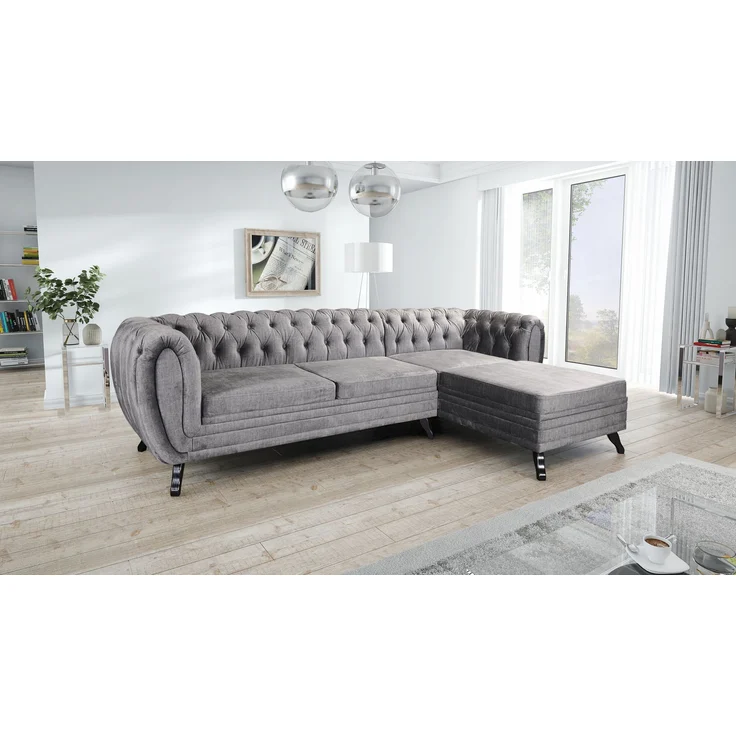 Edles Chesterfield Ecksofa Velours grau Couch Polstersofa Wohnlandschaft Sofa – Bild 7