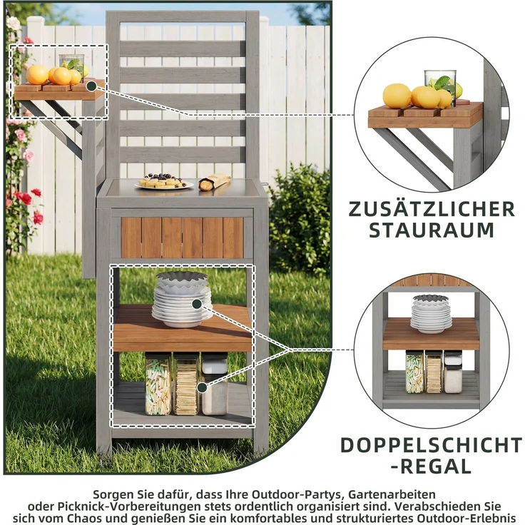Merax Gartenschrank Holz Outdoor wetterfest – Geräteschrank mit großer Edelstahl-Arbeitsfläche & doppeltem Ablageboden, Grillstation mit zusätzlichem Stauraum, wetterbeständiger Küchenschrank – Bild 5