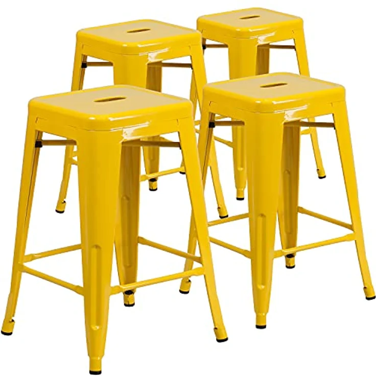 Flash Furniture Handelsübliche Qualität, 61 cm hoch, rückenfrei, Metall, für drinnen und draußen, Thekenhöhe, Hocker mit quadratischem Sitz, Kunststoff, verzinkter Stahl, Gelb, 4 Stück – Bild 2