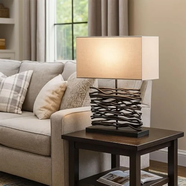 LED Tischleuchte, Holz, Stoffschirm, grau, schwarz, H 50 cm – Bild 2