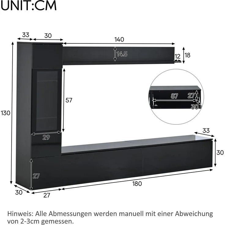 Flieks Wohnwand 3-teilig mit RGB-LED, TV-Lowboard, Vitrine und Wandregal für TVs bis 80 Zoll, Hochglanz Schwarz – Bild 4