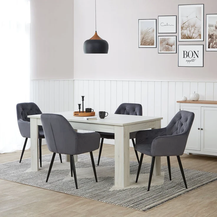 Esstisch mit 4 Stühlen Set Essgruppe Samt Polsterstühle Grau Küchentisch Modern Holz Shabby Weiß 160x90 cm Esszimmertisch Massiv – Bild 2
