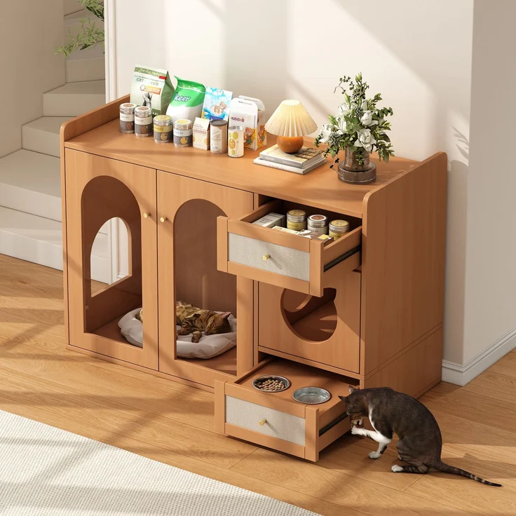 Mehrzweckiges Katzenhaus & Katzenkloschrank – haustiertierfreundlicher Beistellschrank mit Futterschalen, Katzenruheraum, Lagerbereich (ohne Katzenklo & Katzenkissen), Nussbaumfarben, 120x45x83 cm – Bild 4