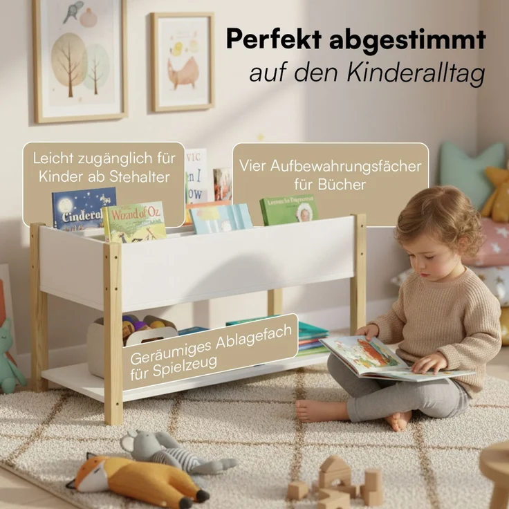 Bellabino 'Teme' Kinderbücherregal, weiß, 80x40x44 cm, Holz, Montessori Kinderregal mit 4 Fächern und Ablagefläche – Bild 5