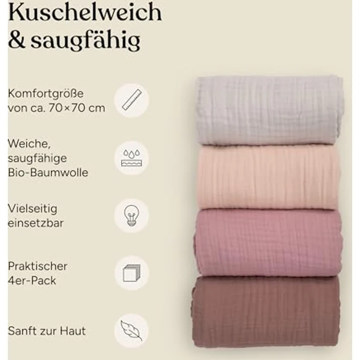 Ehrenkind Spucktuch Mulltücher-Set aus saugfähiger Musselin Bio-Baumwolle, (Sprucktücher Baby im 4er Set, Musselintücher Baby 70x70 cm), viele Einsatzmöglichkeiten wie Stoffwindeleinlage – Bild 4