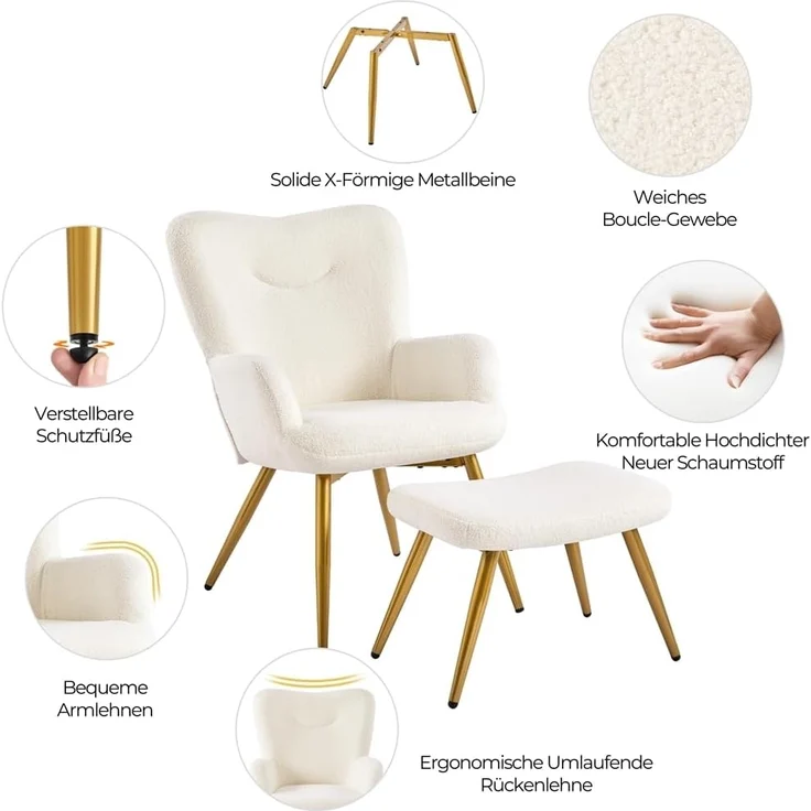 Yaheetech Sessel Ohrensessel mit Hocker aus Boucle-Gewebe, Relaxsessel mit Fußstütze, Loungesessel mit Klappbarer Rückenlehne, Fernsehsessel für Wohnzimmer/Schlafzimmer Elfenbein – Bild 5