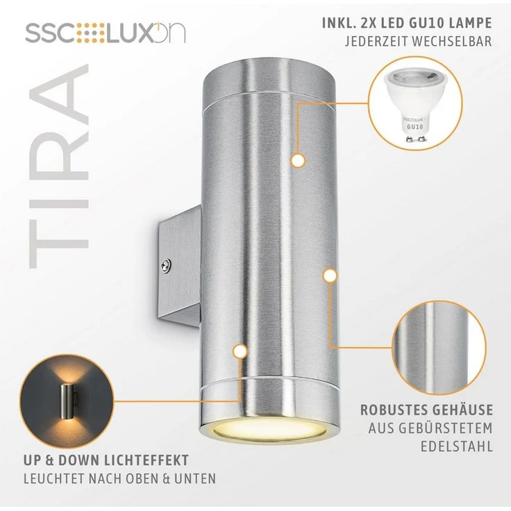 SSC-LUXon LED Außen-Wandleuchte LED Wandaussenleuchte TIRA Edelstahl Up & Down IP44 mit 2x LED GU10, Warmweiß – Bild 3