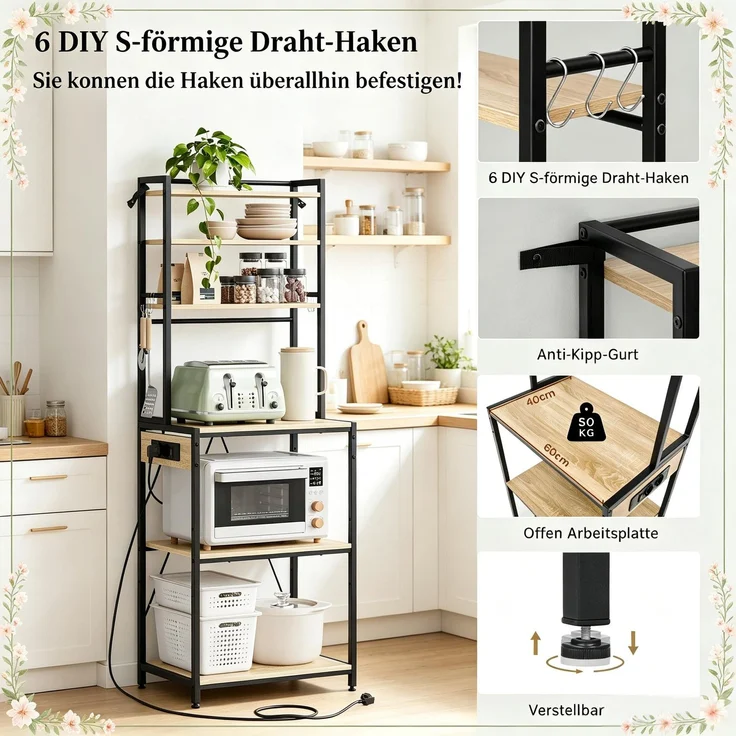 Stabil Coffee Bar Station,Küchenregal mit Steckdosen,Küchenkomode,Mini Küche Arbeitsstation,Display-Regal--Helles Eichenholz--40x60x167cm--YOUDENOVA – Bild 4