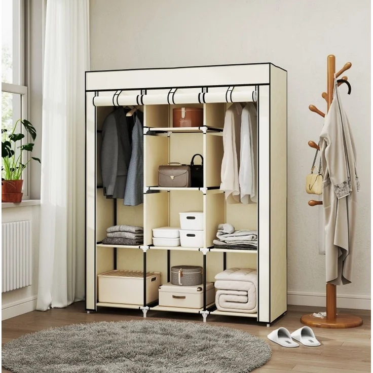 CHICFURN Kleiderschrank 125x162,5x43 cm aus Vliesstoff mit 2 Kleiderstangen und 8 Einlegeböden – cremeweiß – Bild 2