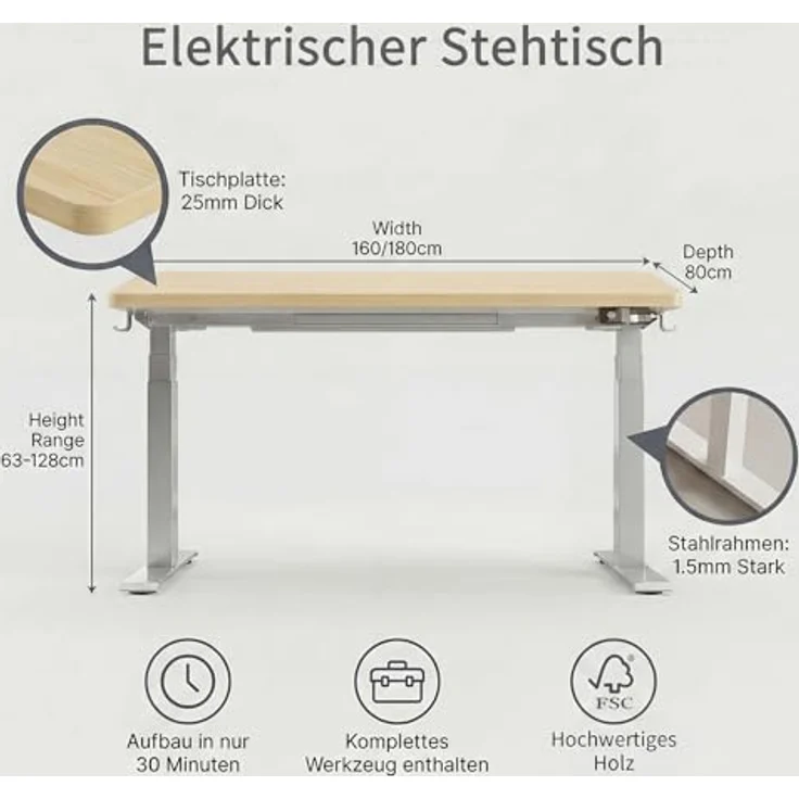 Devoko Höhenverstellbarer Schreibtisch 160x80 cm elektrisch, Höhenverstellung 63-128 cm mit Smart Control, 125 kg Tragkraft, für gesundes Arbeiten – Bild 3