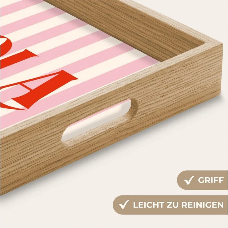 OnlyWow Tablett Rechteckig mit Henkel Hola - Zitat - Streifen - Pastell - Rosa - Rot -, Eichenholz, (1-tlg), Siervierplatte, Tray, Frühstücksbrett – Bild 3
