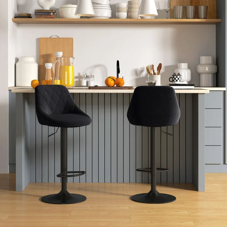 Barhocker 2er Set Höhenverstellbare Drehbar Barstühle mit Samtoptik Tresenhocker mit Rückenlehne mit Diamant-Tufting und Fußstütze für Bar, Theke, Esszimmer, Stahl Schwarz--Schwarz--104x46x48cm--YOUDENOVA – Bild 3