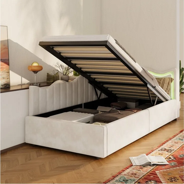 Furnishings Home Polsterbett Kinderbett LED Stauraumbett (Geeignet für Jugendliche und Kinder, Hydraulisch hebbarer Stauraum), Mit LED-Beleuchtung, Lattenrost, Samt, 90x200 cm