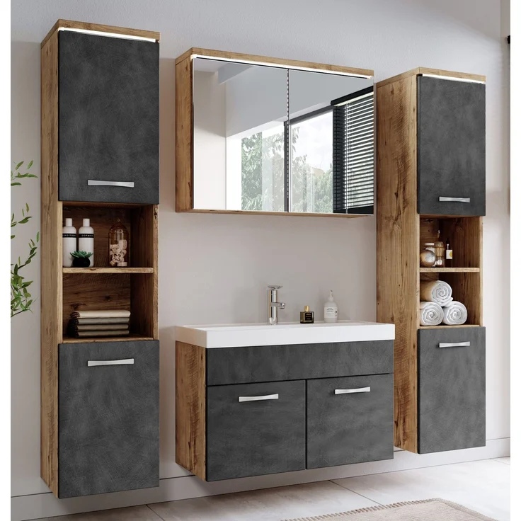 Badplaats Badmöbel Komplettset Paso XL LED 80x40 cm Kastanien Eiche mit Dunkel Grau - Badezimmermöbel mit Waschbecken, Spiegelschrank und 2 Badezimmerschränke – Bild 2