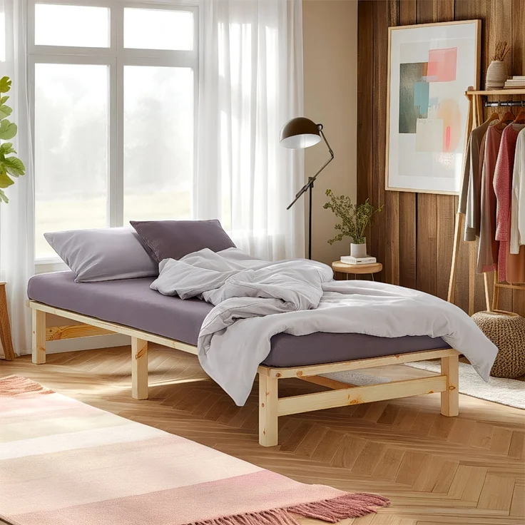 Holzbett 90x200 mit Matratze Holzbettrahmen Palettenbett Einzelbett Bett Massiv Holz Bettgestell – Bild 2