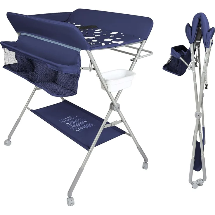 Baby Klappbarer Wickeltisch，Mobiler Wickeltisch mit Rollen und Wickelauflage,Wasserdicht und Höhenverstellbar，Baby Wickelkombi mit Ablagefächern-80 * 58 * 90 cm-Marineblau – Bild 1