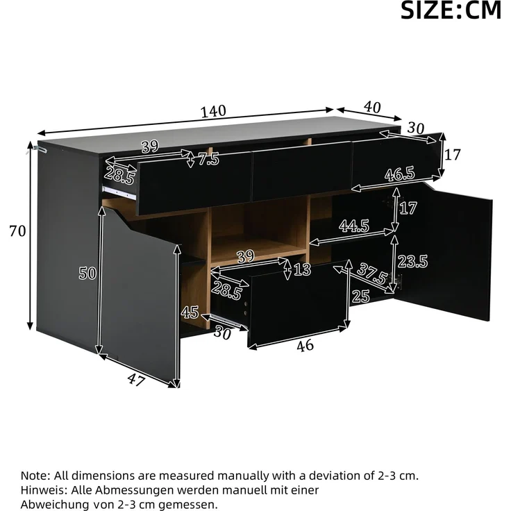 DESVIAE Sideboard mit 4 Schubladen und LED-Beleuchtung 140x70x40 cm Spanplatte Schwarz/Naturholz – Bild 10
