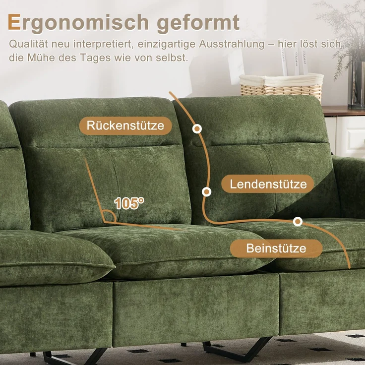 DESVIAE Sofa 3-Sitzer mit Stauraumhocker und Seitentaschen 201x77x86 cm Chenille Grün – Bild 4