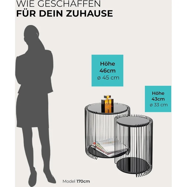 KARE Design Beistelltisch Wire Double Schwarz 2er Set Modern Stahl Glas Geschenkidee Sofa Runder Nachttisch Raumdekor Wohnkultur Wohnzimmer Büro 46 x 45 x 45 cm 43 x 33 x 33 cm (H/B/T) – Bild 3