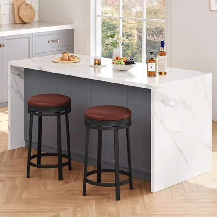 GarveeHome 360°Drehbar Runde Barhocker 2er Set, 62cm Hoch Barstühle mit Fußstütze, Küchenthekenhocker mit PU-Kunstleder und Metallrahmen, Hocker für Bartisch, Küchenstühle für Küche/Bar, Braun – Bild 3
