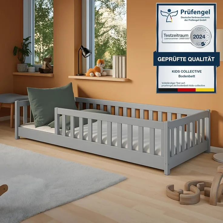 Kids Collective Kinderbett Bodenbett Bett mit Rausfallschutz & Lattenrost Montessori Bett Kinder (weitere Größen 80x180, 90x190, 90x200, 120x200, 140x200 cm), Jugendbett Einzelbett mit Matratze Aschgrau Kiefer 80x160 cm