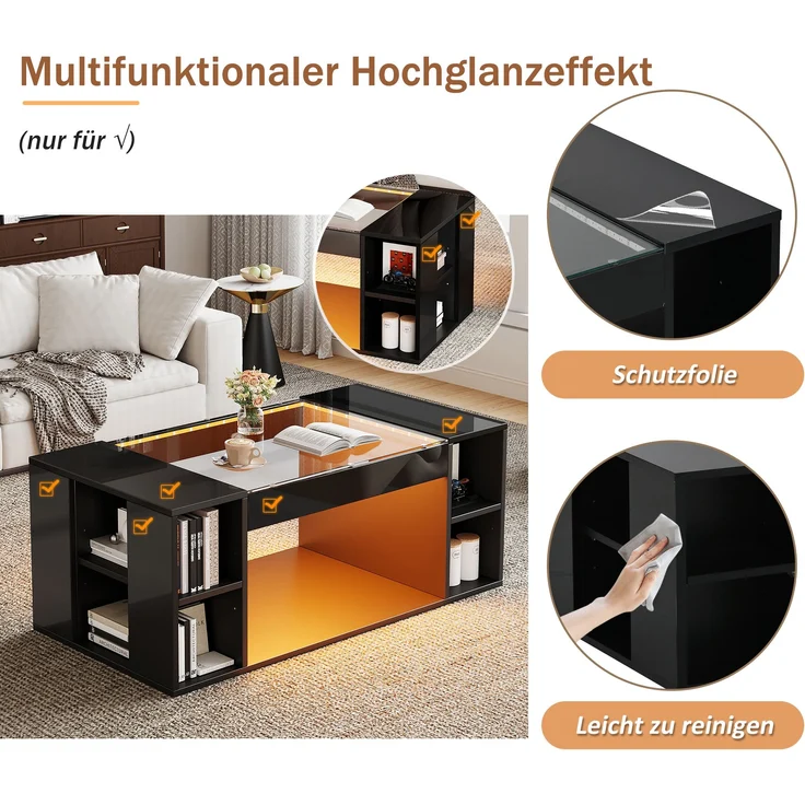 Couchtisch, ausgehöhlter Tisch mit gehärteter Glasplatte, 100x50x40 cm, schwarz, mit LED-Beleuchtung – Bild 5