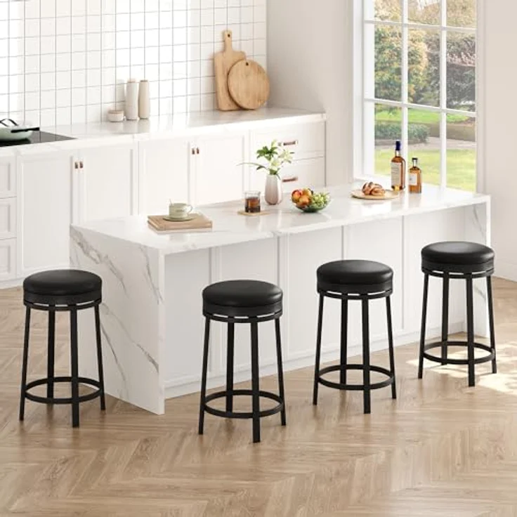 GarveeHome 360°Drehbar Runde Barhocker 2er Set, 62cm Hoch Barstühle mit Fußstütze, Küchenthekenhocker mit PU-Kunstleder und Metallrahmen, Hocker für Bartisch, Küchenstühle für Küche/Bar, Schwarz – Bild 5