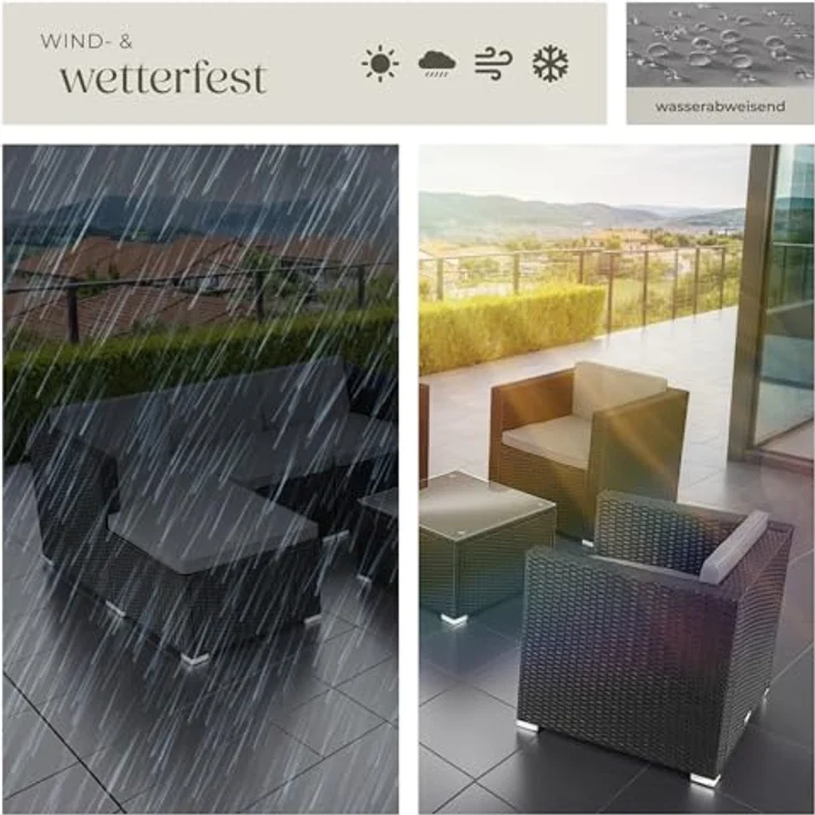 tectake® Poly Rattan Lounge, Outdoor Sitzgruppe, Set mit Sofa, 2 Sesseln, Hocker, Tisch, frei kombinierbar, Gartenmöbel für 5-6 Personen, für Garten Terrasse Balkon, inkl. Polster - schwarz – Bild 8