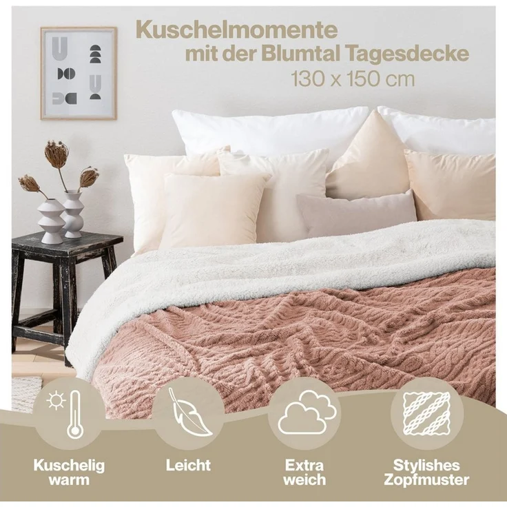 Blumtal Wohndecke, Oeko-TEX zertifiziert, waschbar, weiche Sherpa-Innenseite, Dusty Pink, 130x150 cm – Bild 3