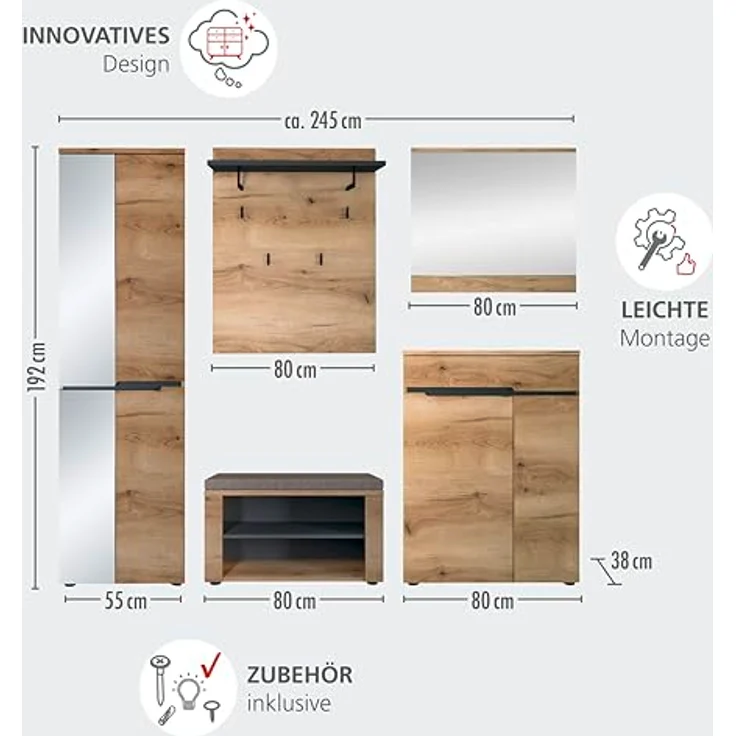 Fargo Sitzbank mit 2 offenen Fächern und Sitzkissen – FSC-Zertifiziert – Moderne Flurbank mit Stoffbezug in Graubraun meliert – 80 x 48 x 38 cm (B/H/T) – Bild 7