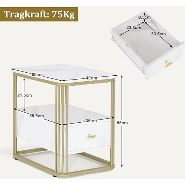 M MCombo Beistelltisch mit Schublade, Modern Sofatisch Marmor Weiß Gold, Klein Kaffeetisch Metallgestell, Nachttisch mit 2 Ablagen, Couchtisch für Wohnzimmer, 60x40x55, 2138 – Bild 3