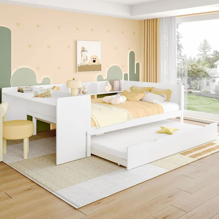 Flachbett, Holzbett, 140x200cm, mit Schreibtisch, mit Rollbett, Doppelbett (Ohne Matratze), mit Regalen, Kiefer+Spanplatte, weiß