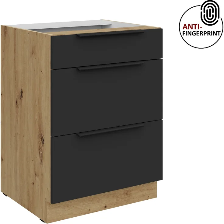 Küchen Unterschrank 60 cm Küche ARIA Schwarz ultra matt + Eiche Artisan matt, hochwertige Fronten mit Anti Fingerprint Beschichtung, Soft-Close Küchenzeile Küchenblock