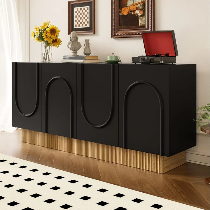 DESVIAE Sideboard mit 4 Türen und U-Relief 160x75x38 cm Spanplatte Schwarz-Holzoptik – Bild 3