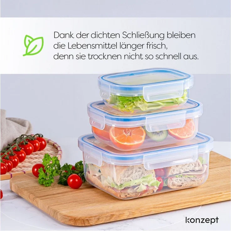 KONZEPT Frischhaltedose mit Deckel 3er Set 600ml/1L/2L,transparent, (3-tlg), BPA-frei, Stapelbar, Für Kühlschrank, Zum Mitnehmen – Bild 2
